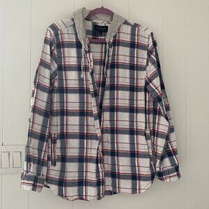 Pacsun Flannel Hoodie Men's M Blue Red Button Up Plaid Casual